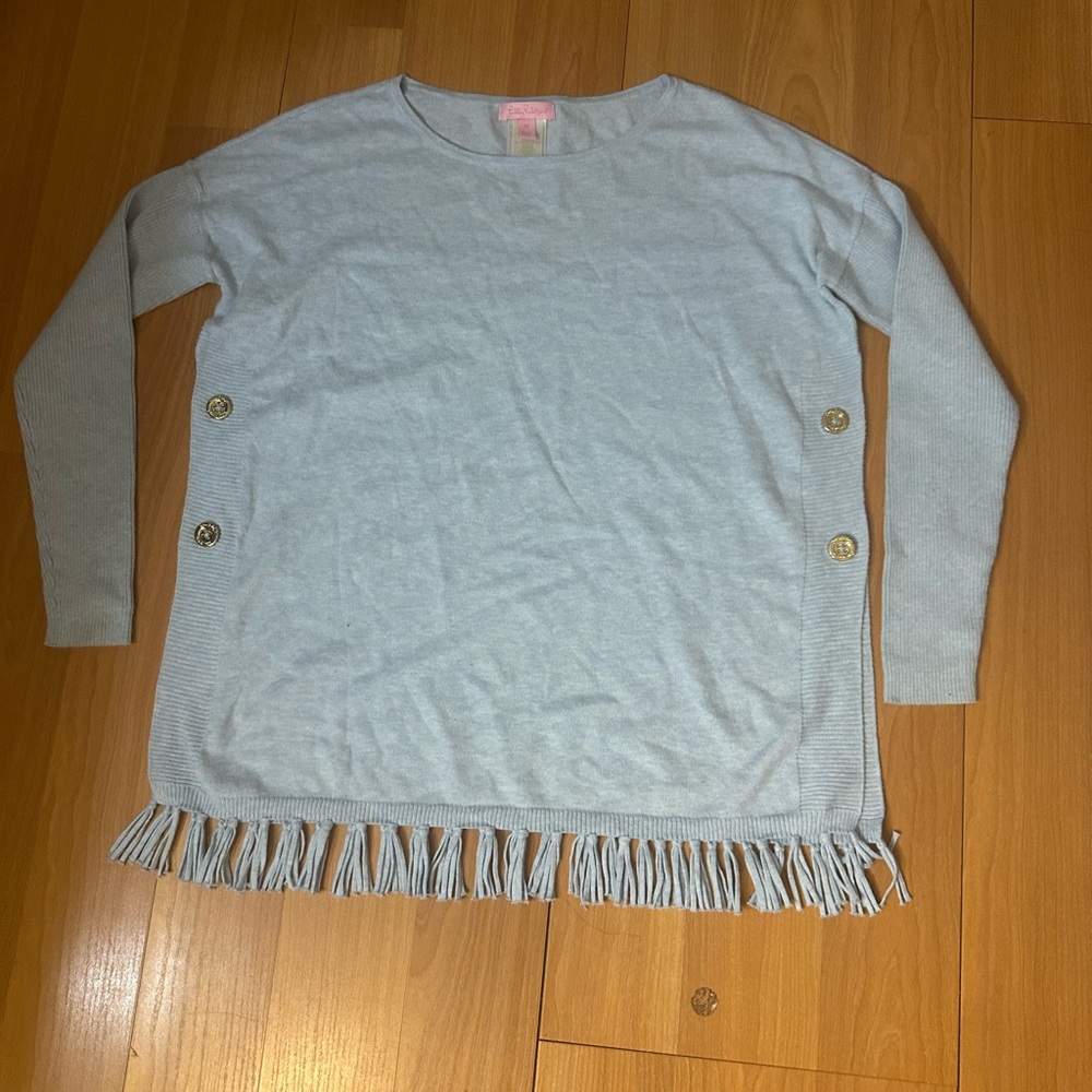 Lilly Pulitzer Light Blue Sweater with Fringe and Button Accents